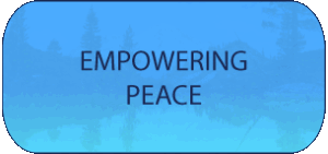 Blue rounded banner featuring a tranquil forest and lake scene with the centered slogan 'EMPOWERING PEACE'.