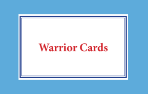 Logo-style card reading 'Warrior Cards' in red on a white panel with double blue border on a blue background.